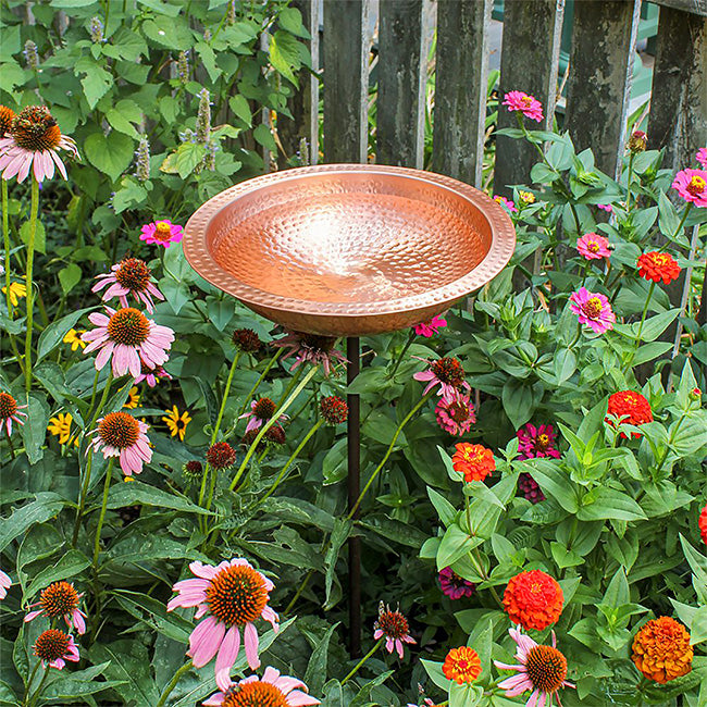 Hammered Copper Bird Bath w/Stake & Solar Fountain Pump