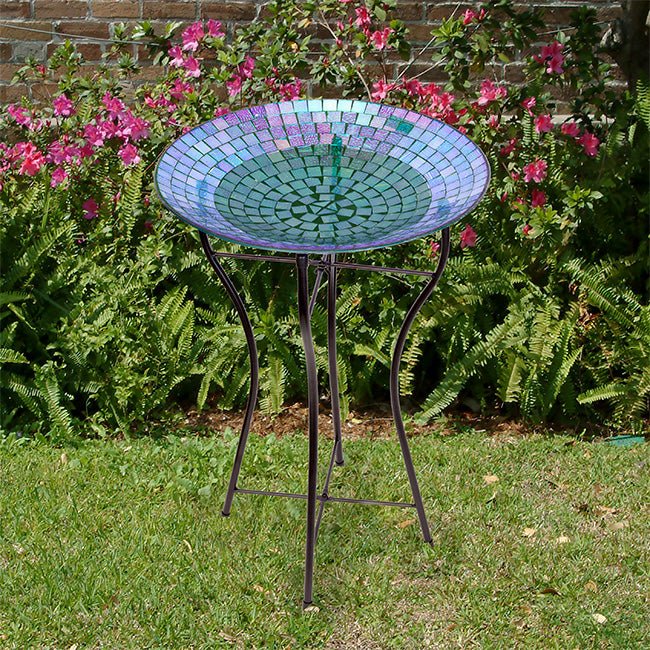 Audubon Glass Mosaic Bird Bath with Steel Stand, Blue