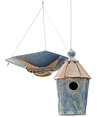 Anthony Stoneware Bird Bath & Cottage Bird House, Fr. Blue
