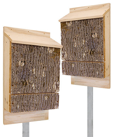 Triple Chamber Bark Clad Bat Houses with Poles, Pack of 2