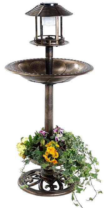Lunar Bird Bath and Planter with Solar Light, Bronze