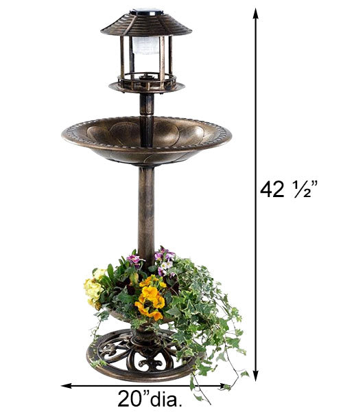 Lunar Bird Bath and Planter with Solar Light, Bronze