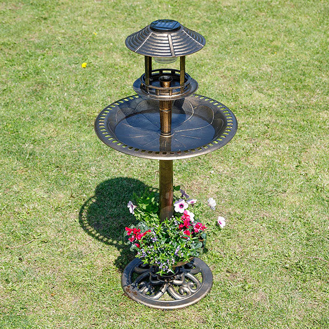 Lunar Bird Bath and Planter with Solar Light, Bronze