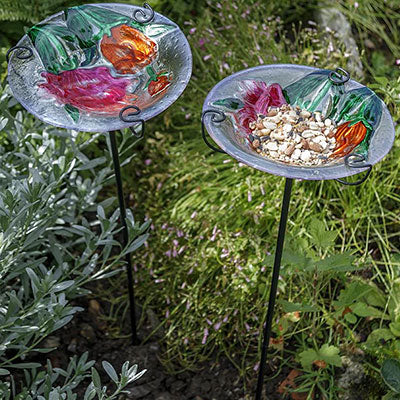 Tulip Fields Glass Bird Baths with Stakes, Pack of 2