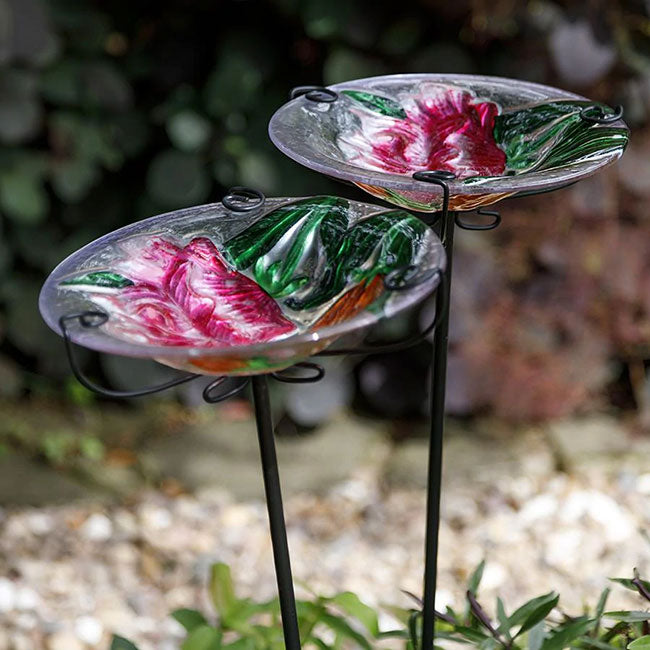 Tulip Fields Glass Bird Baths with Stakes, Pack of 2