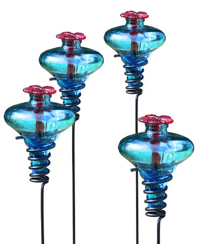 Mini-Blossom Hummingbird Feeders with Stakes, Aqua, 4 Pack