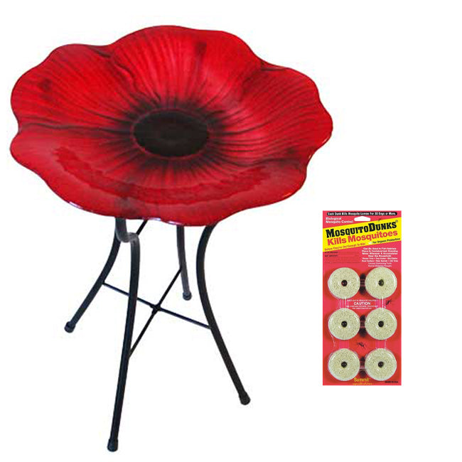 Glass Poppy Bird Bath and Stand with Mosquito Dunks®  Kit