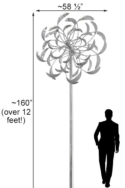 WindSculpt GIANT Kinetic Wind Spinner, Silver, Over 12' Tall
