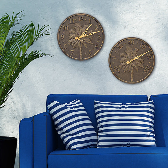 Whitehall Palm Tree Clock & Thermometer, French Bronze, 16"