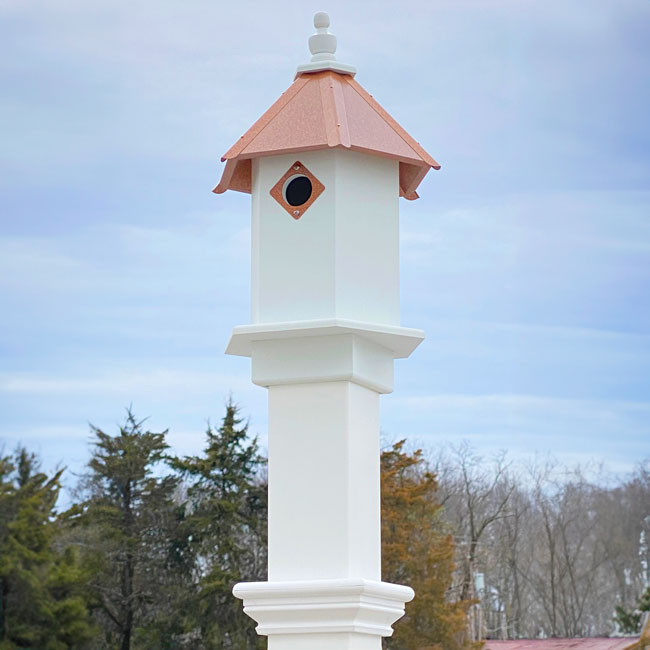 Bluebird Hexagonal House & Mounting Post, Hammered Copper