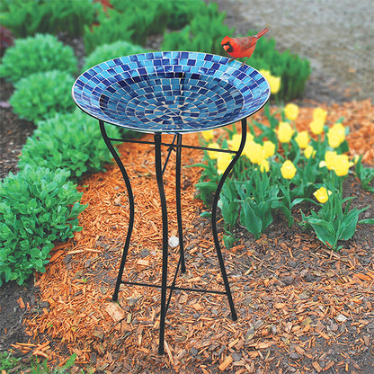 Audubon Glass Mosaic Bird Bath with Steel Stand, Blue