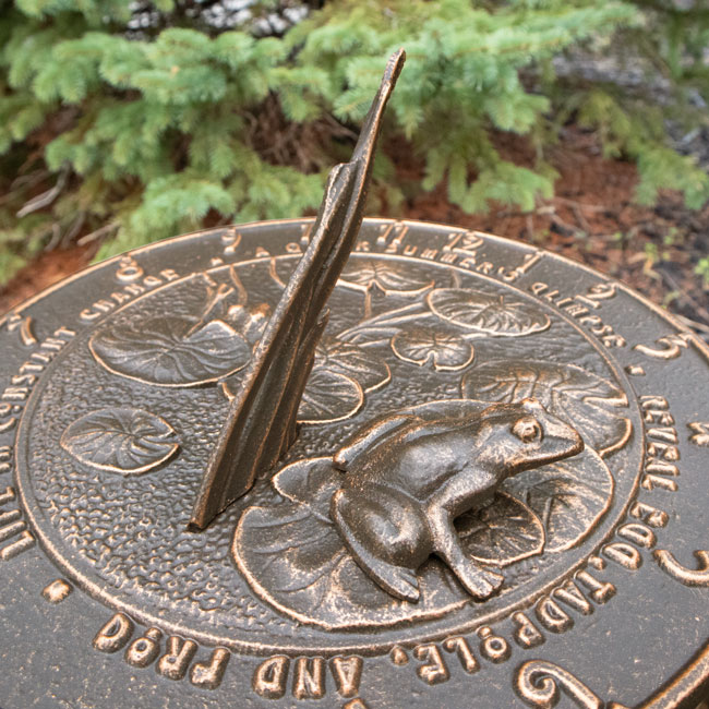 Aluminum Frog Sundial and Wrought Iron Flowerbed Pedestal