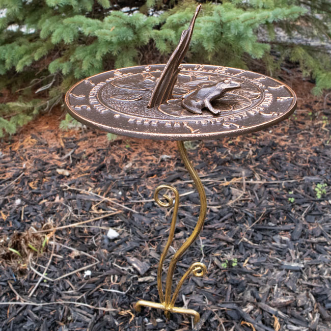 Aluminum Frog Sundial and Wrought Iron Flowerbed Pedestal