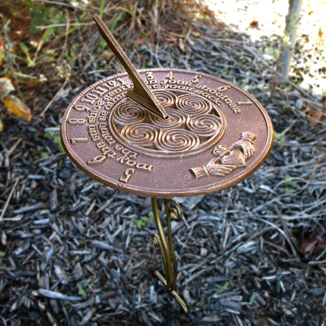 Aluminum Claddagh Sundial & Wrought Iron Flowerbed Pedestal