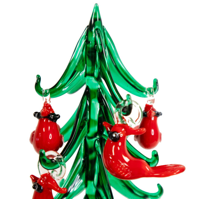 Glass Evergreen Tree with Cardinal Ornaments