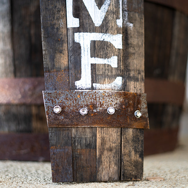 Amish-Made Welcome & Go Away Whiskey Barrel Porch Signs