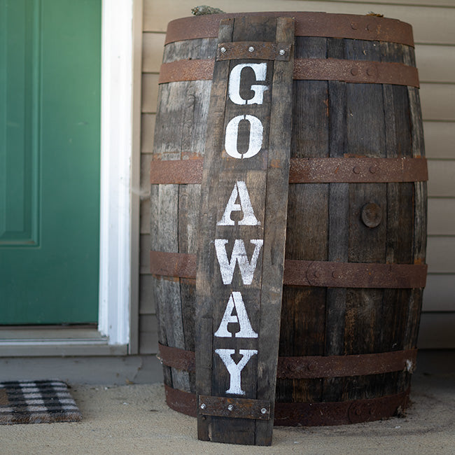 Amish-Made Welcome & Go Away Whiskey Barrel Porch Signs