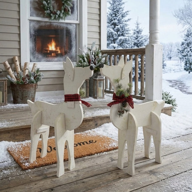 Amish-Made Wooden Doe Statues, White, Pack of 2