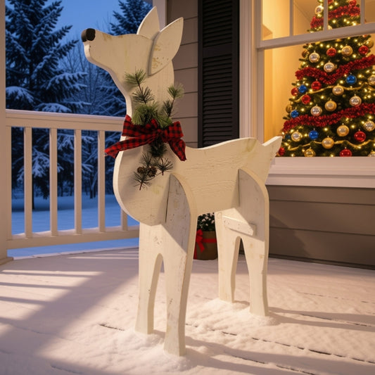 Amish-Made Wooden Doe Statue, White