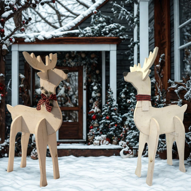 Amish-Made Wooden Reindeer Statues, White, Pack of 2