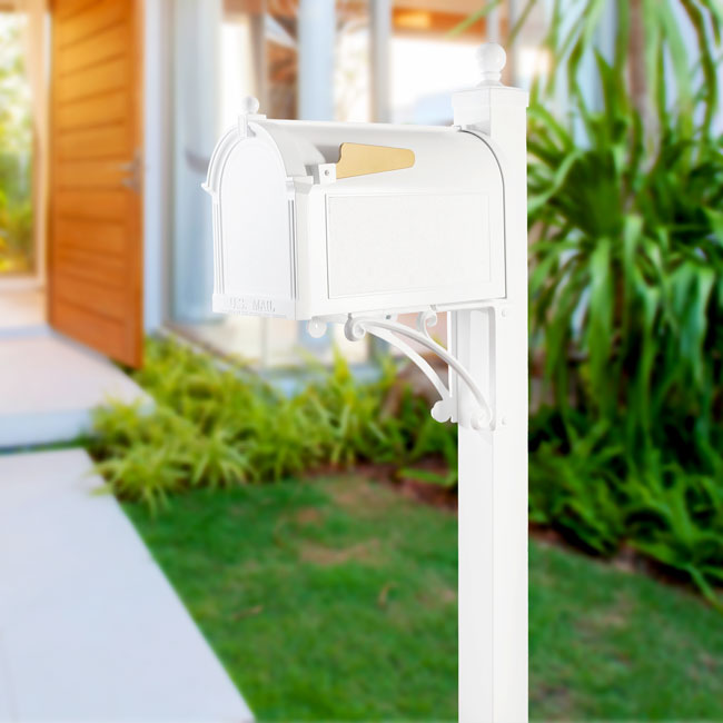 Whitehall Deluxe Mailbox, Post, and Brackets, White