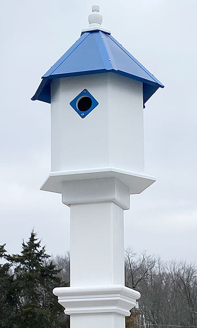 Sycamore Bird House & Decorative Mounting Post, Cobalt Roof