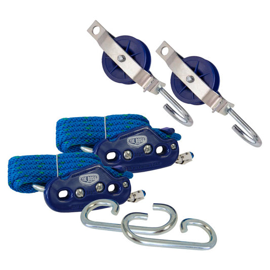 Tie Boss Tie Downs & 3/8" Ropes with Pulleys, Blue, 2 Pack