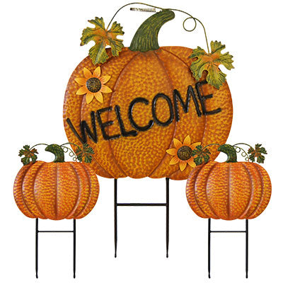 Land & Sea Metal Welcome Pumpkin Trio w/Sunflowers Yard Art