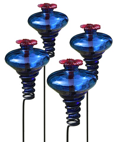 Mini-Blossom Hummingbird Feeders with Stakes, Blue, 4 Pack