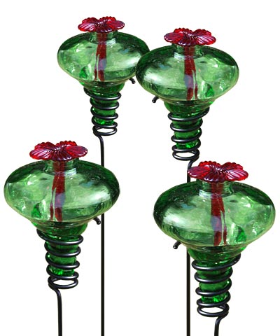 Mini-Blossom Hummingbird Feeders with Stakes, Green, 4 Pack