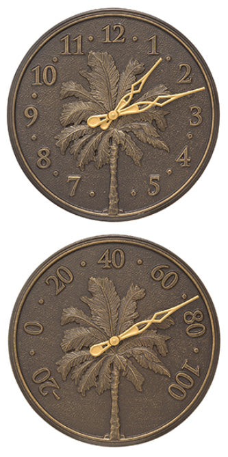 Whitehall Palm Tree Clock & Thermometer, French Bronze, 16"