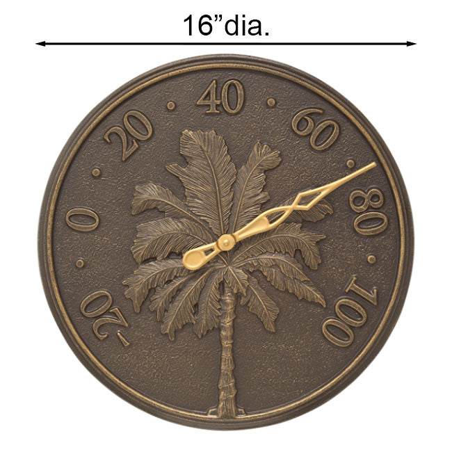 Whitehall Palm Tree Clock & Thermometer, French Bronze, 16"